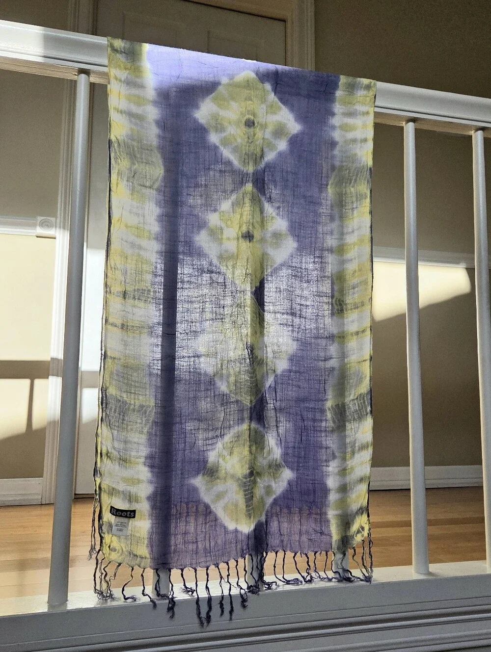 ROOTS Purple Yellow Tie Dye Shibori Fringe Wrap Scarf Lightweight Gauze Shawl
